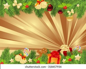 Christmas background with fir twigs and balls. Vector illustration.