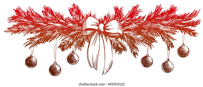 Christmas background with fir twigs and balls hand drawn vector llustration realistic sketch