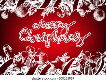 Christmas background with fir twigs and balls hand drawn vector llustration realistic sketch