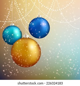 Christmas background with fir twigs and bright balls. Vector illustration. 