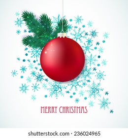 Christmas background with fir twigs and bright ball. Vector illustration. 