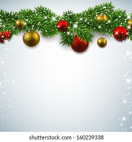 Christmas background with fir twigs and colorful balls. Vector illustration. 