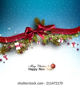 Christmas background with fir twigs garland and Xmas balls. Red bow. Vector illustration.