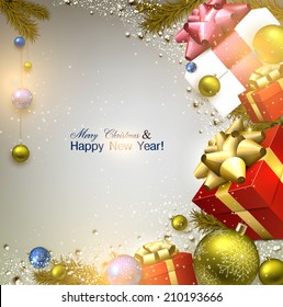 Christmas background with fir twigs, gifts and colorful balls. Xmas baubles.Vector illustration.