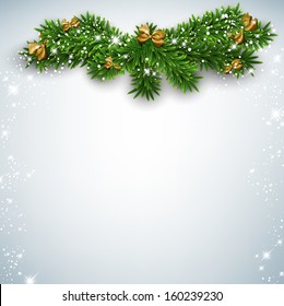 Christmas background with fir twigs and golden bows. Vector illustration. 