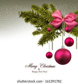 Christmas background with fir twigs and magenta balls. Vector illustration. 