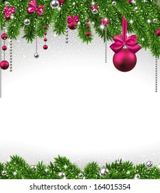 Christmas background with fir twigs and magenta balls. Vector illustration. 