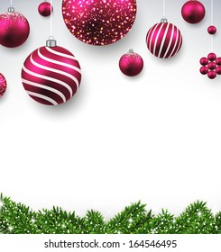 Christmas background with fir twigs and magenta balls. Vector illustration.  
