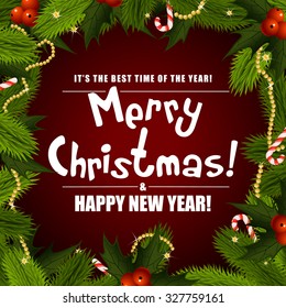 Christmas background with fir twigs, mistletoe, candy canes and decorations
