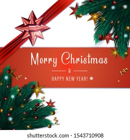 Christmas background with fir twigs, red and gold balls and bow. Vector illustration.