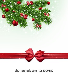 Christmas background with fir twigs and red balls. Vector illustration. 