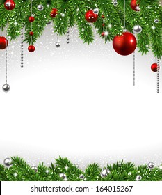 Christmas background with fir twigs and red balls. Vector illustration. 