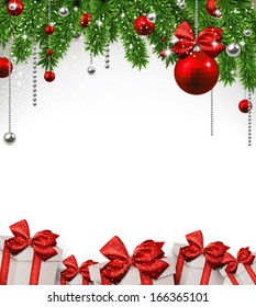 Christmas background with fir twigs and red balls. Vector gift boxes. 