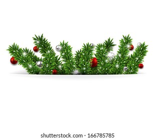 Christmas background with fir twigs and red balls. Vector illustration. 