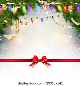 Christmas background with fir twigs and red bow. EPS 10 vector file included