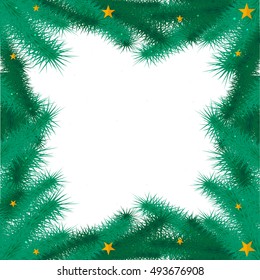 Christmas background with fir twigs and red balls. Merry Christmas and Happy New Year. Vector illustration