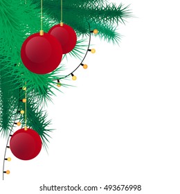 Christmas background with fir twigs and red balls. Merry Christmas and Happy New Year. Vector illustration