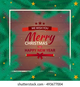 Christmas background with fir twigs and red balls. Merry Christmas and Happy New Year. Vector illustration