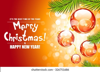 Christmas background with fir twigs, sparkles and red balls.