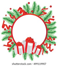 Christmas background with fir twigs,red balls,gift box. Web banner or poster for e-commerce, on-line cosmetics shop, fashion & beauty shop, store. Vector illustration.