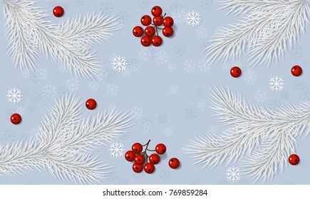 Christmas background with fir white branches and red rowan berry decorations. Vector illustration