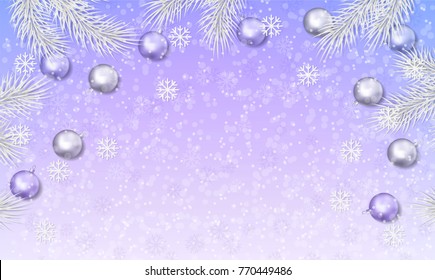 Christmas background with fir white pine branches and with violet and silver balls decorations. Vector illustration