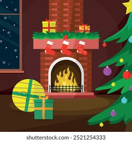 Christmas background with fireplace, tree and gifts. Merry Christmas and Happy New Year.
