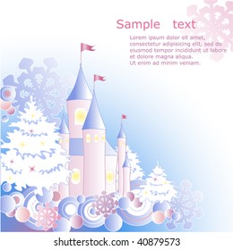 Christmas background with firs, castle and snowflakes