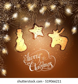 Christmas background. Fir-tree branches, luminous electric garland and cookies.  Vector illustration.