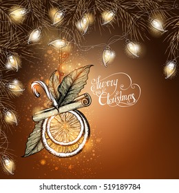Christmas background. Fir-tree branches, luminous electric garland and Christmas Toy made from natural materials. Vector illustration.