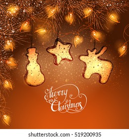 Christmas background. Fir-tree branches, luminous electric garland and ginger cookies. Vector illustration.