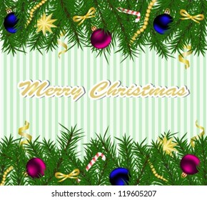 christmas background with firtree, toys and ornaments