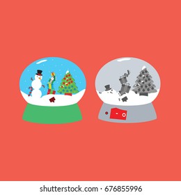 christmas background flat design style & two transparent snow globe, sphere or snow ball glass vector isolated with santa claus, melting or melted snowman & christmas tree. merry christmas cartoon 