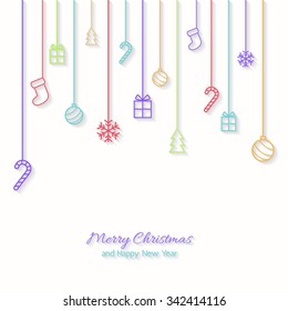  Christmas  background . Flat Christmas greeting card with baubles, snowflakes and candy cane, tree, gift icons. Vector illustration