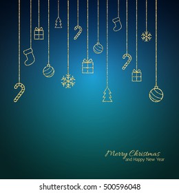 Christmas background . Flat Christmas greeting card with gold baubles, snowflakes and candy cane, tree, gift icons. Blue background