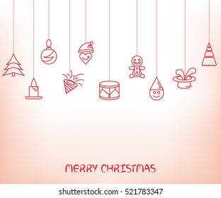 Christmas background. Flat Christmas greeting card with Santa, Christmas tree, ball, and drum