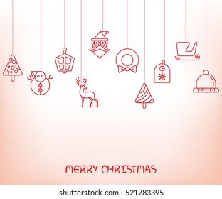Christmas background. Flat Christmas greeting card with reindeer, hat, snowman, Santa and Christmas tree