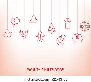 Christmas background. Flat Christmas greeting card with candy, gift box, party hat and reindeer