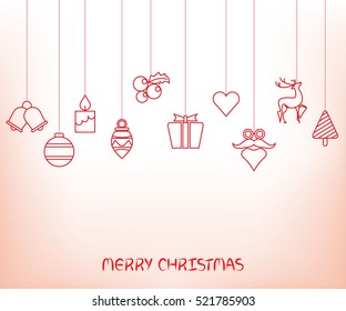 Christmas background. Flat Christmas greeting card with bell, Santa, reindeer, gift box, and heart