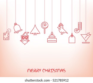 Christmas background. Flat Christmas greeting card with cake, bird, Santa, bell, and candy