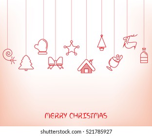 Christmas background. Flat Christmas greeting card with reindeer, beer, bow, glove, star and Christmas tree