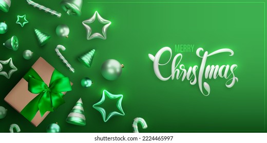 Fondo de Navidad. Diseño monocromo verde claro de campana de navidad realista, bolas, estrella y caja de regalo para tarjetas de felicitación
