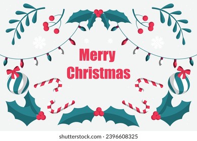 Christmas background with flat leaves and candy. Vector illustration.