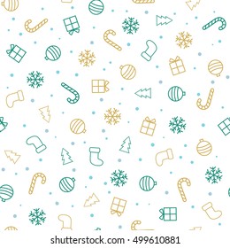 Christmas background. Flat christmas seamless pattern with stockings, trees, baubles, gifts, candy canes and snowflakes. Vector illustration