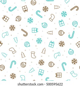 Christmas background. Flat christmas seamless pattern with stockings, trees, baubles, gifts, candy canes and snowflakes. Vector illustration