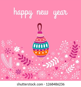 Christmas background with floral elements and christmas toy. Vector illustration
