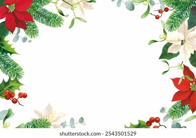 Christmas background with floral frame. Template for greeting, invitation. Vector illustration.