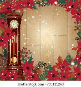 Christmas background. flowers, snow, the clock on wooden background
