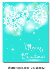  Christmas background. flyer page. traditional gritting card or invitation, label, banner, design. Decorative retro beautiful blue background with gentle paper white snowflakes and lights.