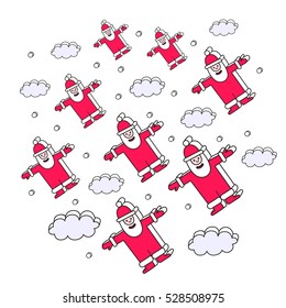 Christmas background of flying Santa Clauses and clouds.